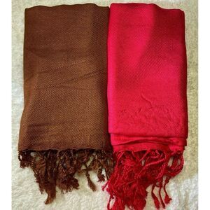 Pashmina Shawl Wrap Scarf 2 Lot Red & Light Brown 100% Viscose 28" x 66" NEW
